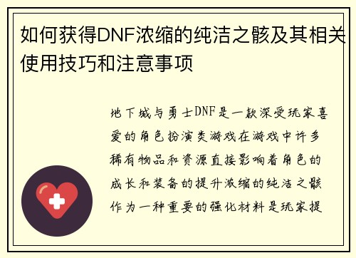 如何获得DNF浓缩的纯洁之骸及其相关使用技巧和注意事项 如何获得DNF浓缩的纯洁之骸及其相关使用技巧和注意事项